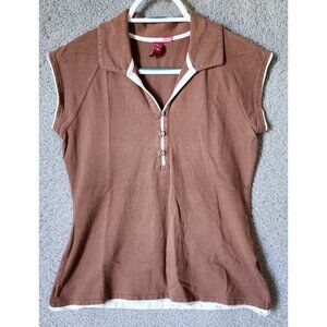 Vintage Y2K SO Women's Size L Cap Sleeve Button‎ Neck Collared Polo Shirt Brown